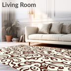 Ornate Brown Floral Scroll Design Rug