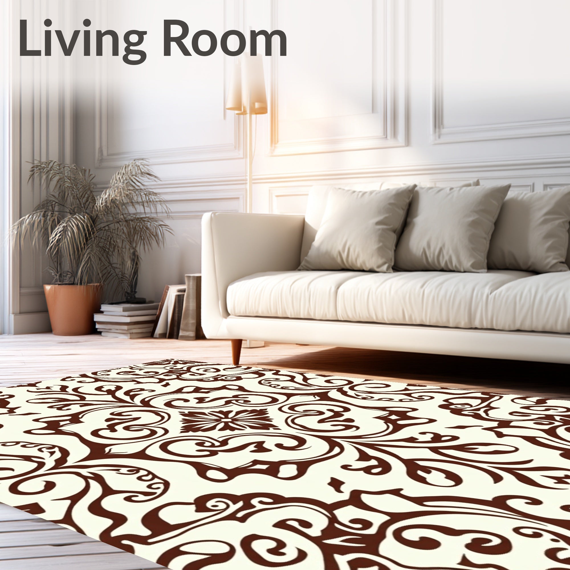 Ornate Brown Floral Scroll Design Rug