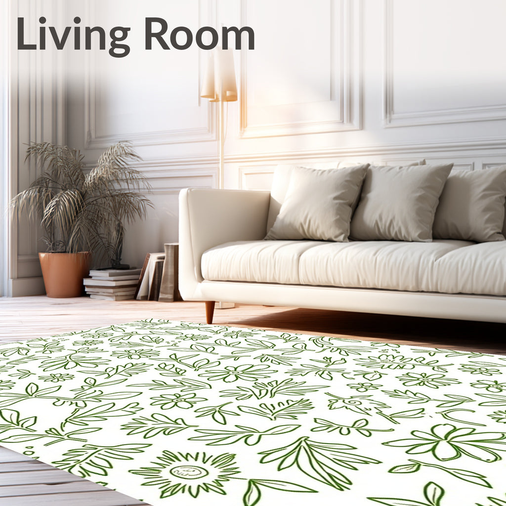 Green Leaf Flower Sketch Pattern Rug