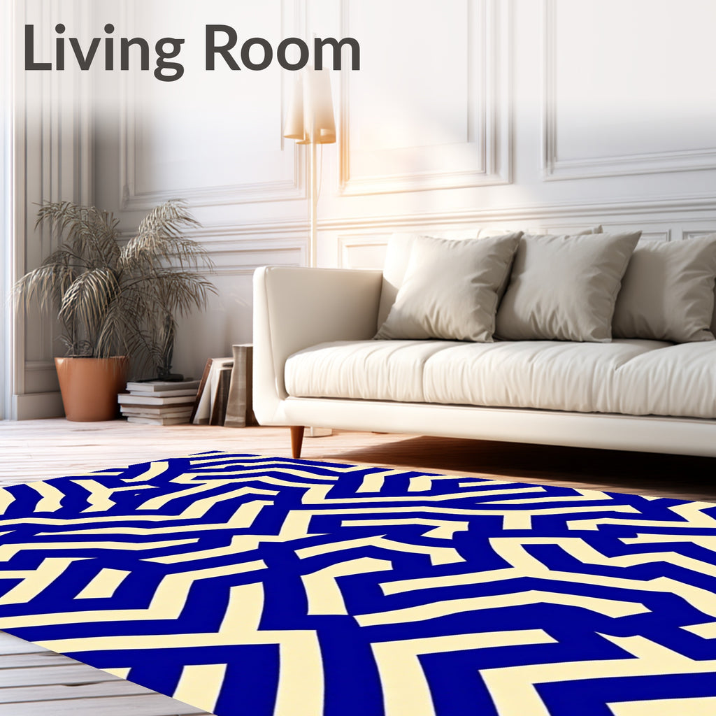 Blue Cream Abstract Maze Pattern Rug