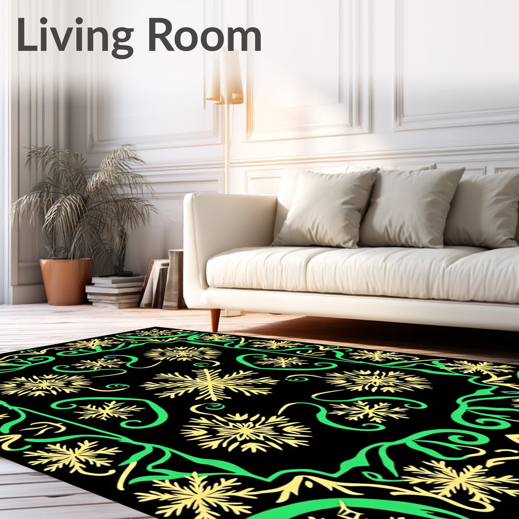 Black Snowflakes Green Scroll Border Rug