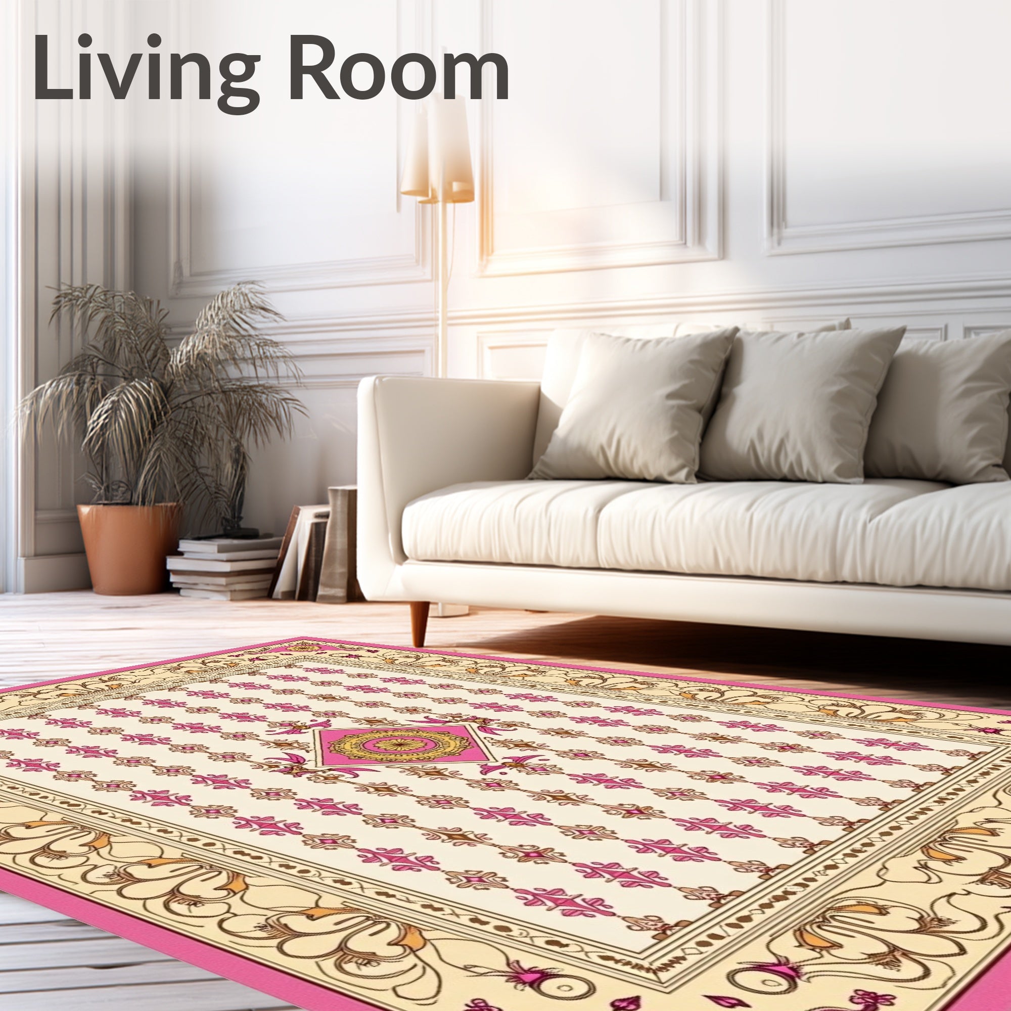 Ornate Pink Gold Floral Lattice Rug