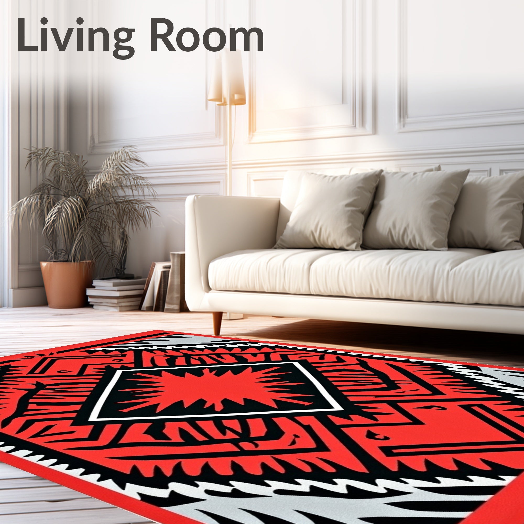 Bold Red Black White Geometric Pattern Rug