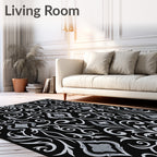 Ornate Black White Damask Pattern Rug