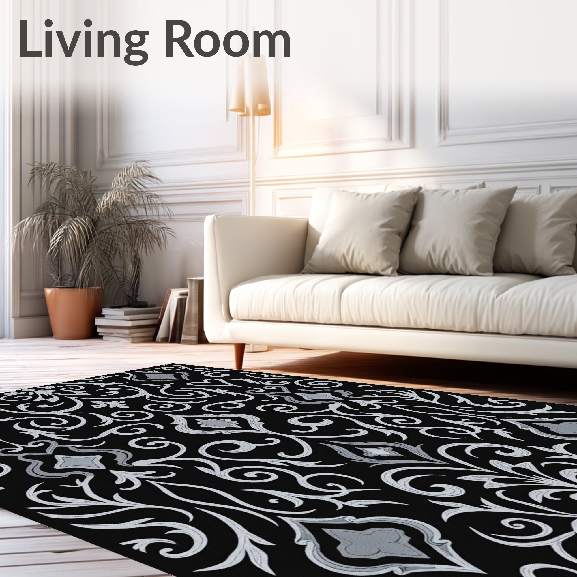 Ornate Black White Damask Pattern Rug