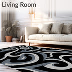 Abstract Black Grey Swirl Design Rug