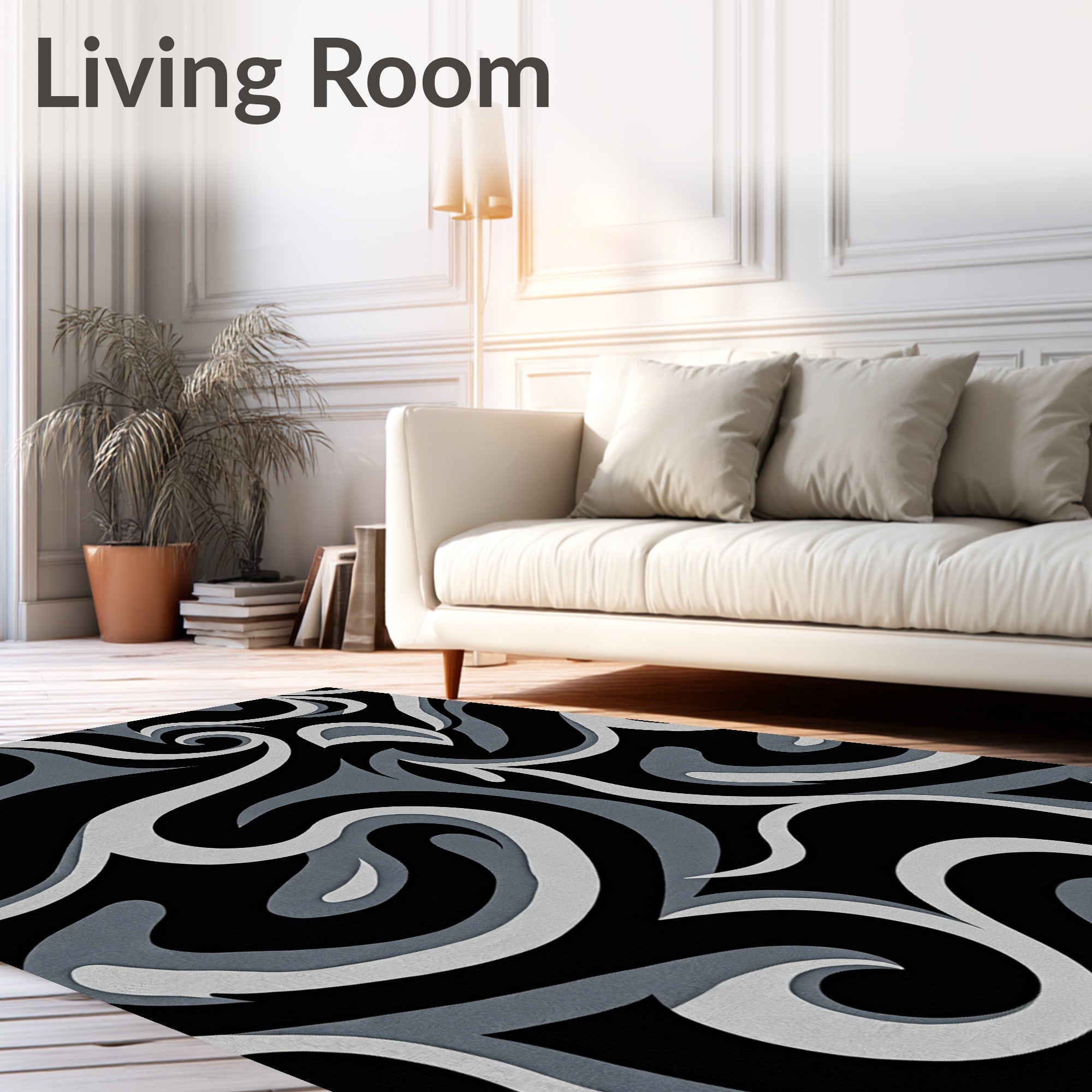 Abstract Black Grey Swirl Design Rug