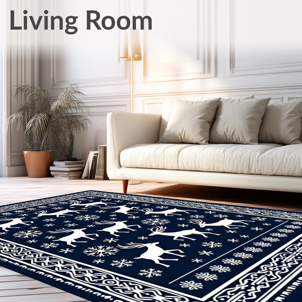 Navy White Festive Reindeer Snowflake Scene Rug