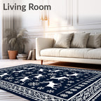 Navy White Festive Reindeer Snowflake Scene Rug
