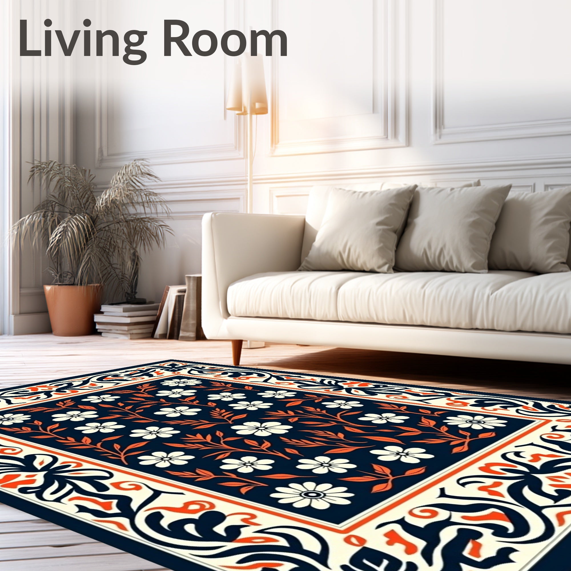 Ornate Floral Border Cream Rug