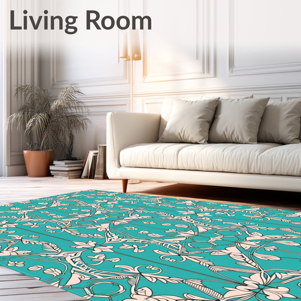Elegant Teal Cream Floral Pattern Rug