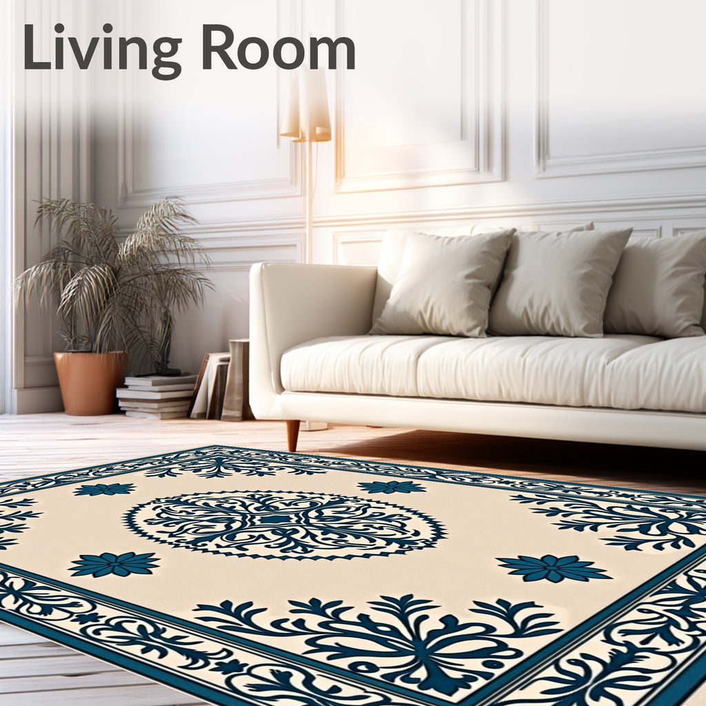 Classic Blue Floral Border Medallion Design Rug