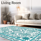 Teal Leaf and Floral Pattern Rug