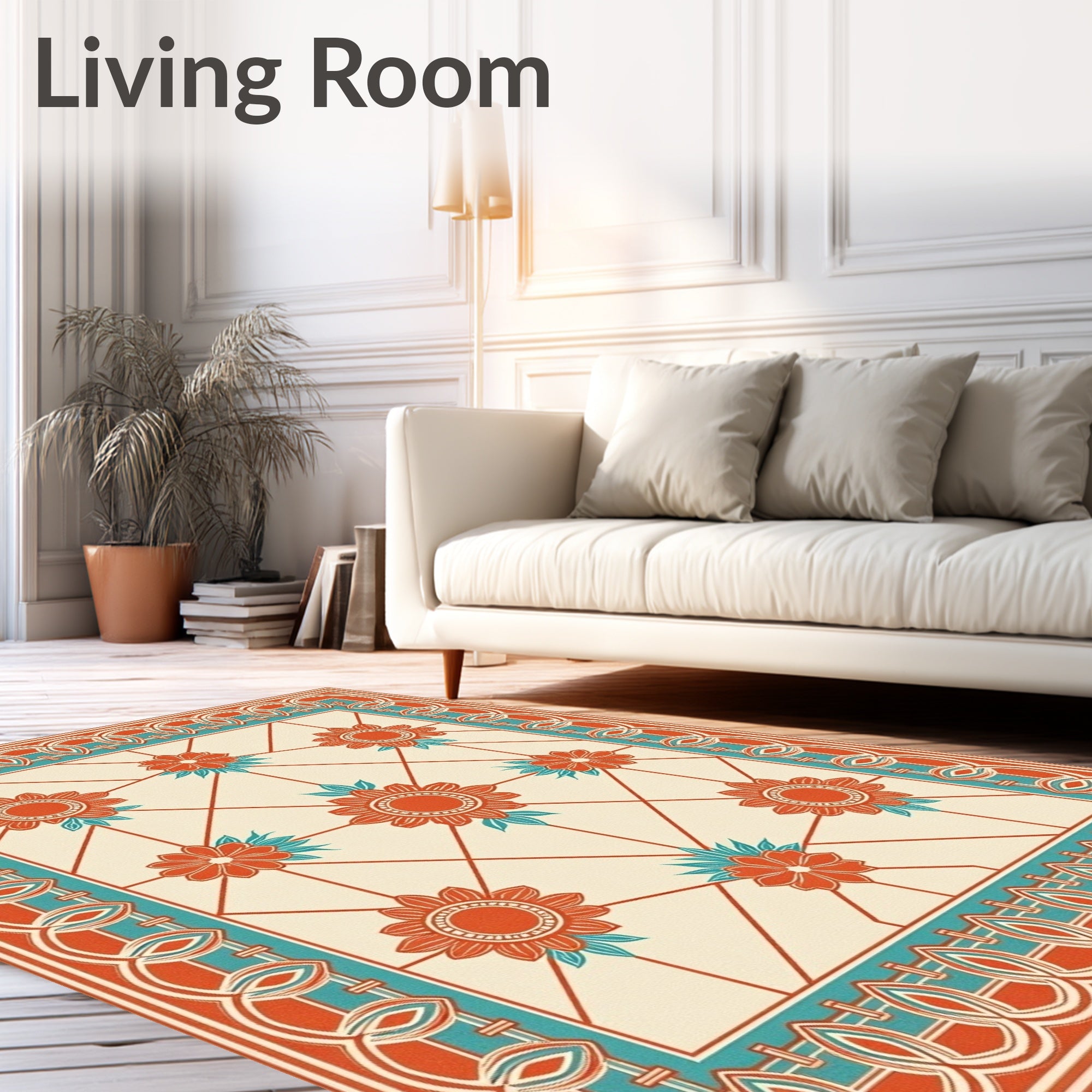 Vintage Floral Patterned Geometric Rug