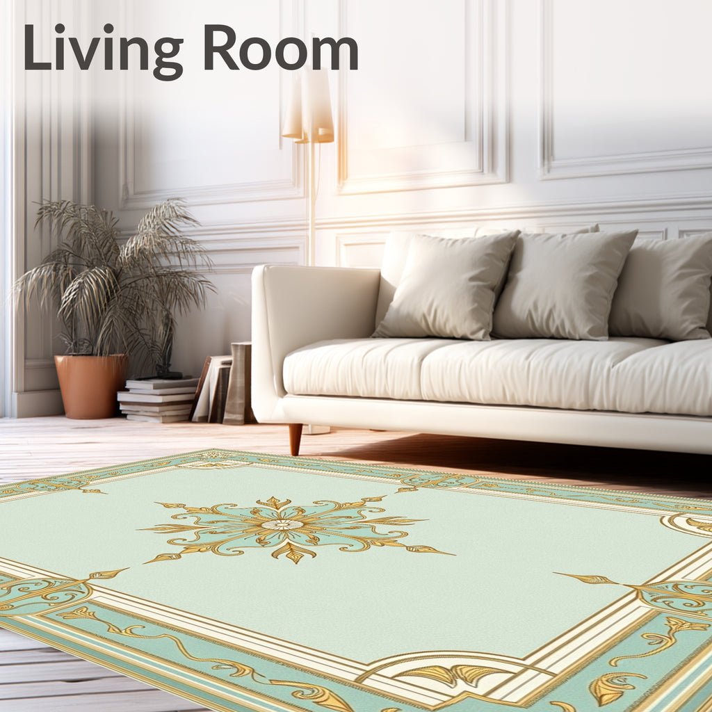 Ornate Teal Gold Floral Frame Rug