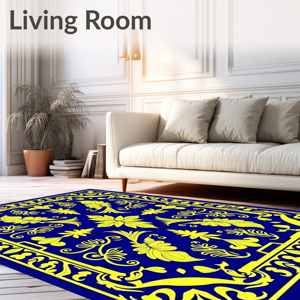 Royal Blue Yellow Floral Border Rug