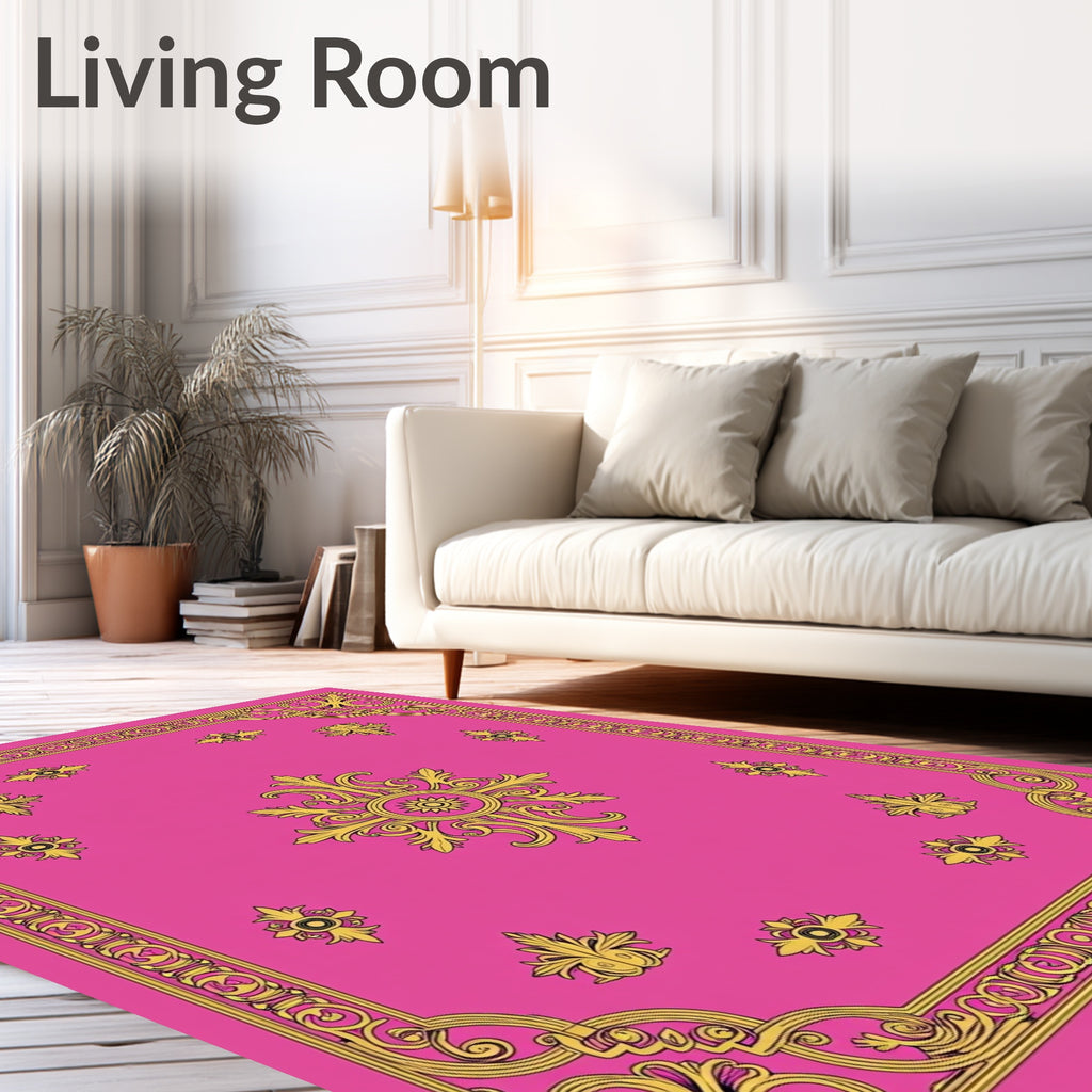 Ornate Scrollwork Pink Gold Pattern Rug