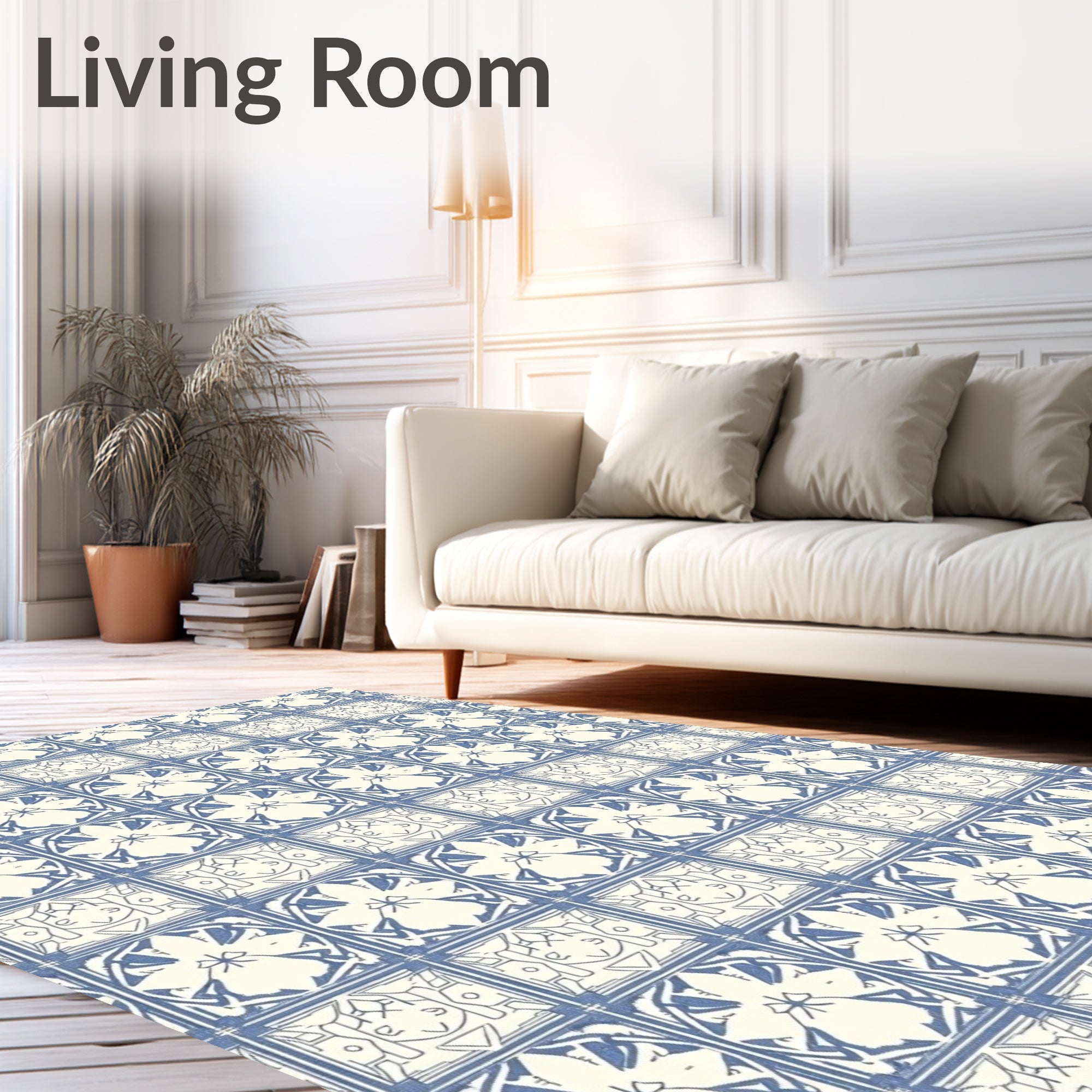 Blue Cream Classic Tile Pattern Rug