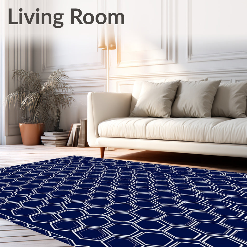 Navy White Hexagonal Geometric Design Rug