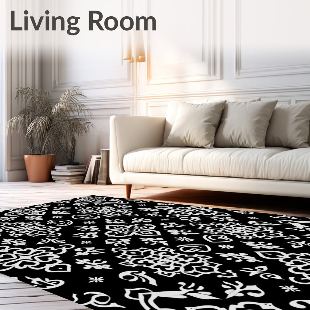 Intricate Black White Ornamental Tile Rug