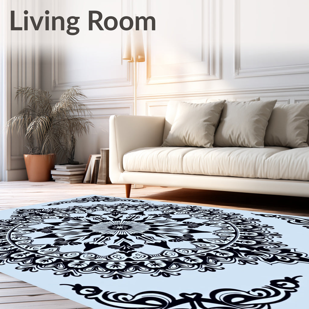 Ornate Black Floral Sunburst Mandala Rug