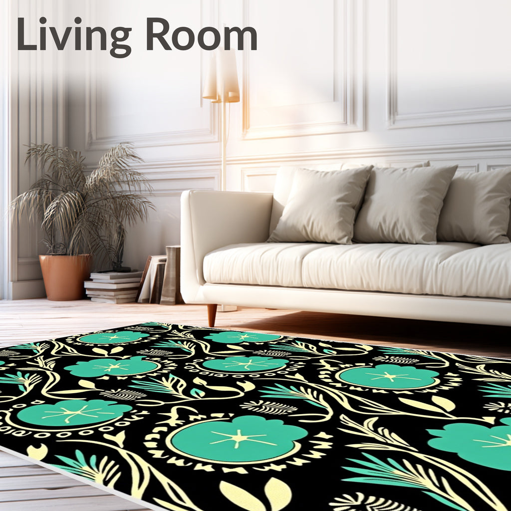 Teal Floral Vine Pattern Rug