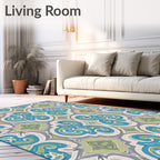 Ornate Teal And Green Scroll Rug