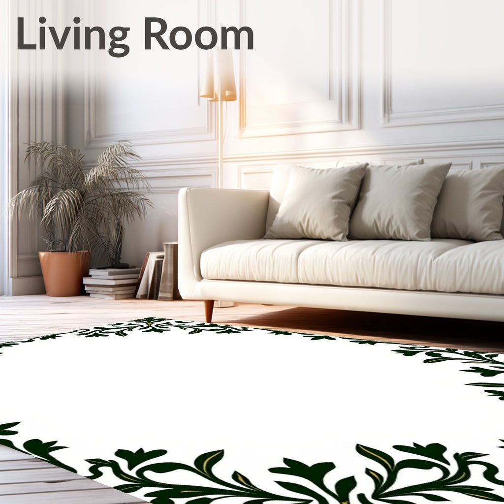 Dark Green Floral Scroll Border Rug
