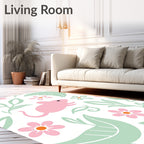 Pink And Light Green Mouse Floral Pattern Rug