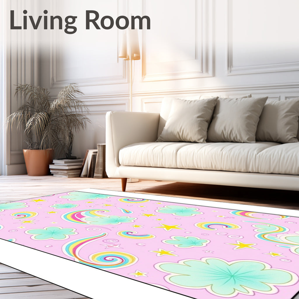 Whimsical Rainbow Clouds Stars Pattern Rug