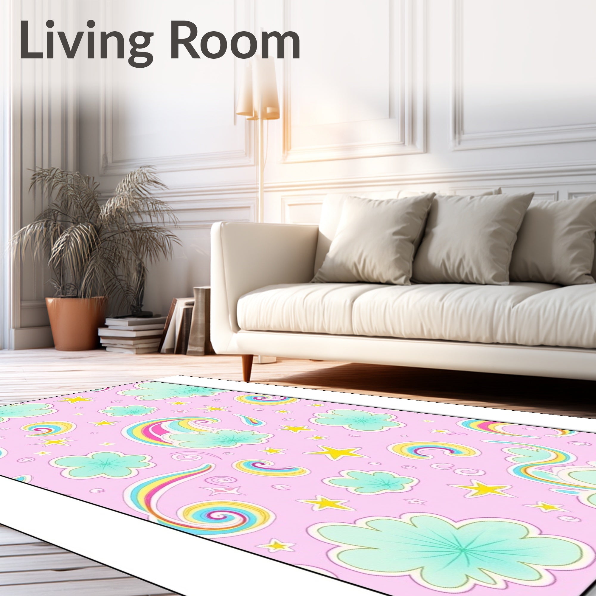 Whimsical Rainbow Clouds Stars Pattern Rug
