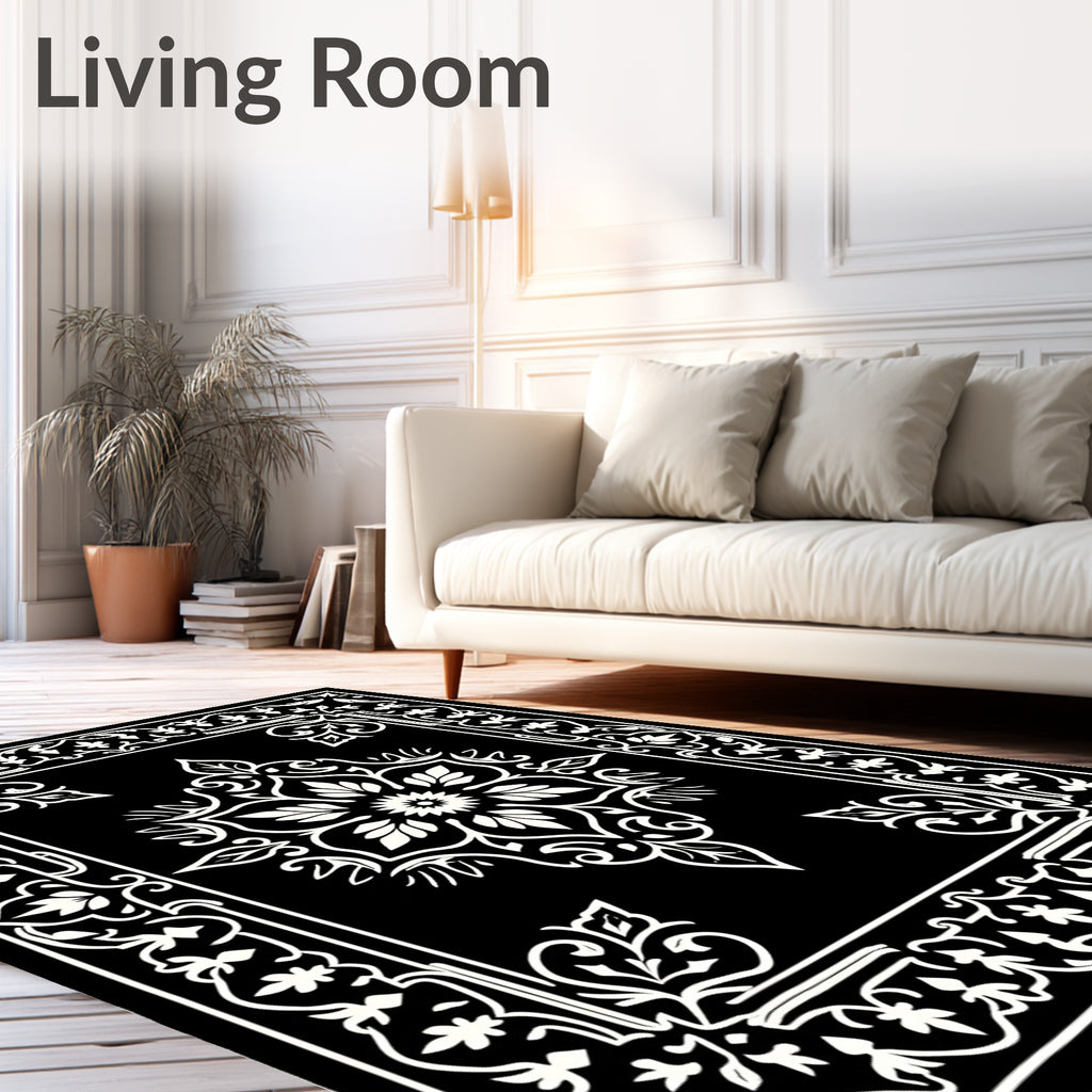 Black And White Floral Medallion Rug