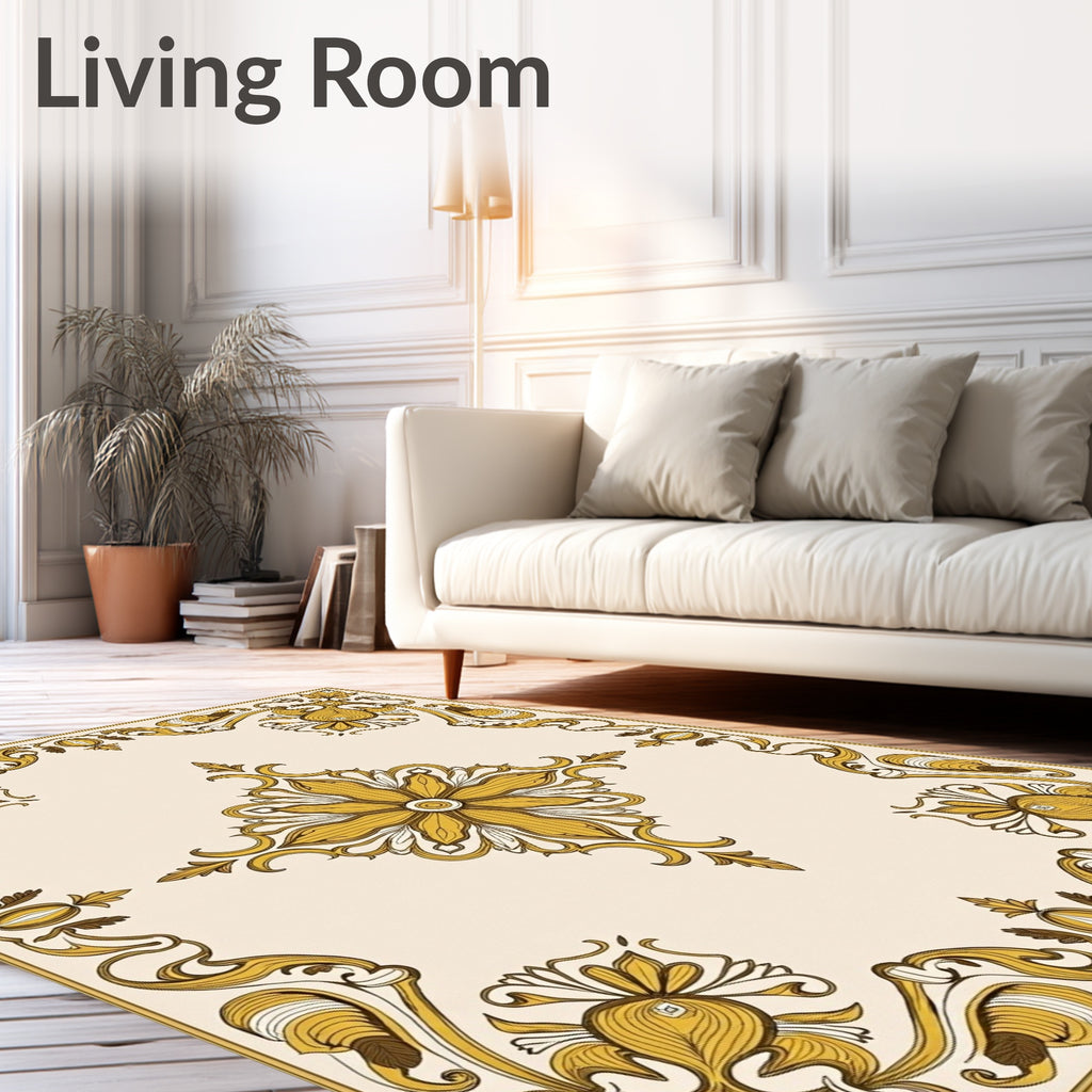 Ornate Golden Floral Scroll Rug