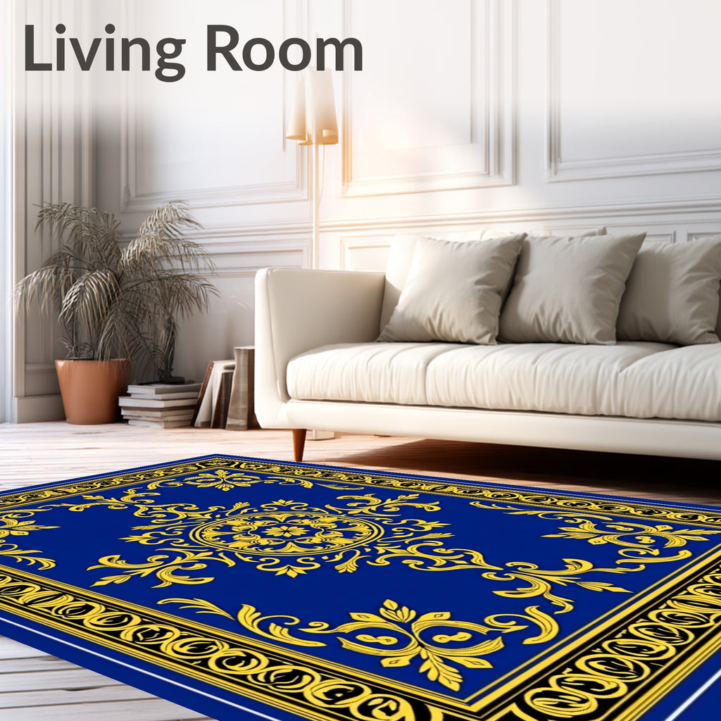 Ornate Golden Blue Floral Scroll Pattern Rug