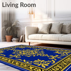 Ornate Golden Blue Floral Scroll Pattern Rug