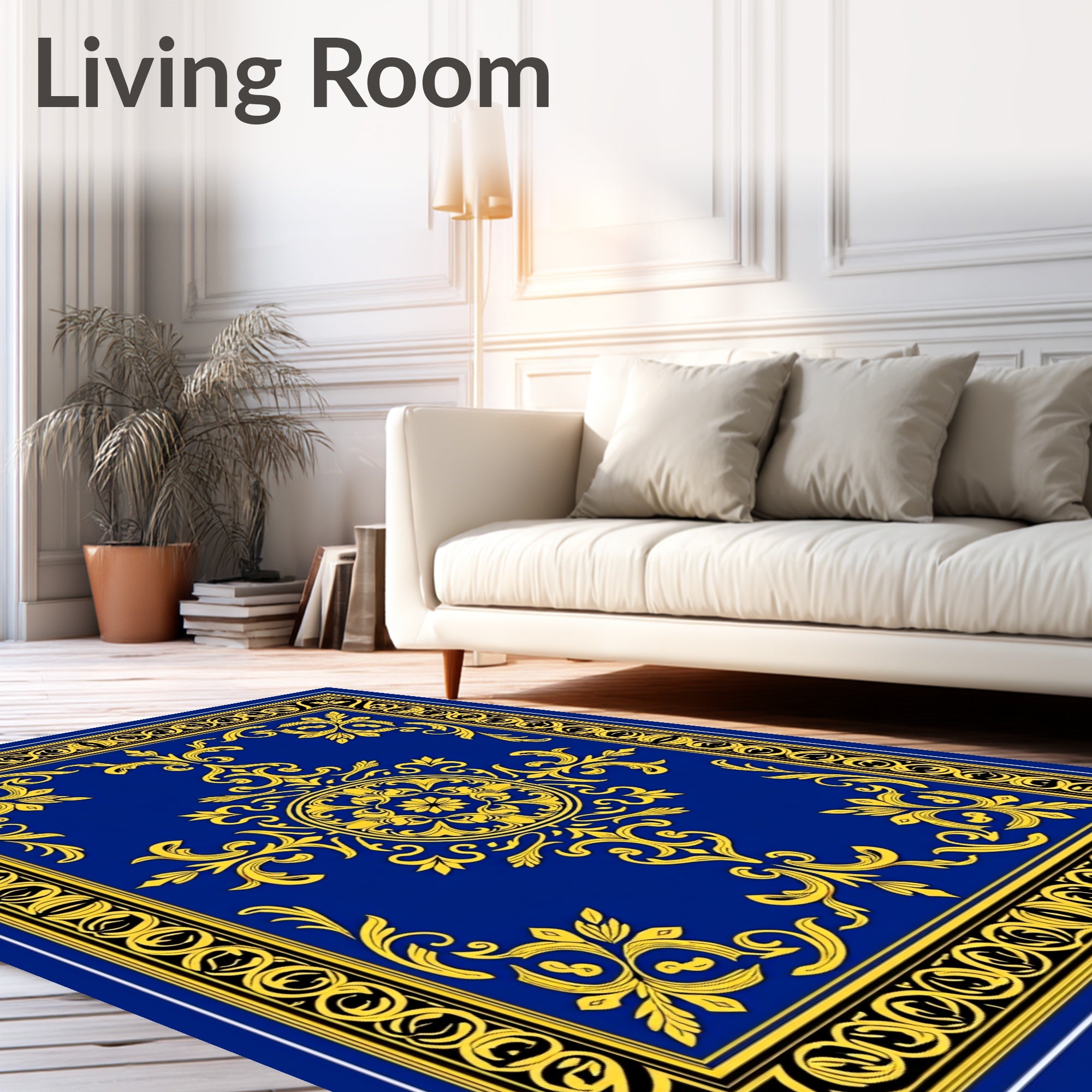 Ornate Golden Blue Floral Scroll Pattern Rug