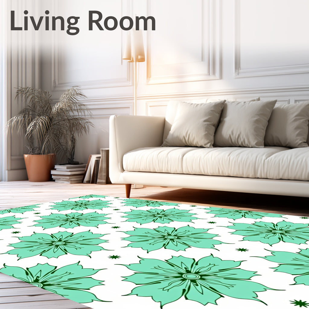 Aqua Floral Patterned Tile Rug