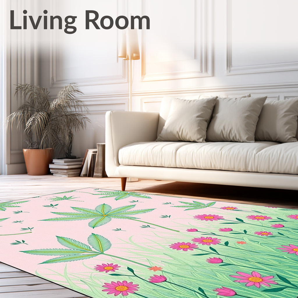Green Leaf Pink Flower Meadow Rug