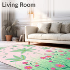 Green Leaf Pink Flower Meadow Rug