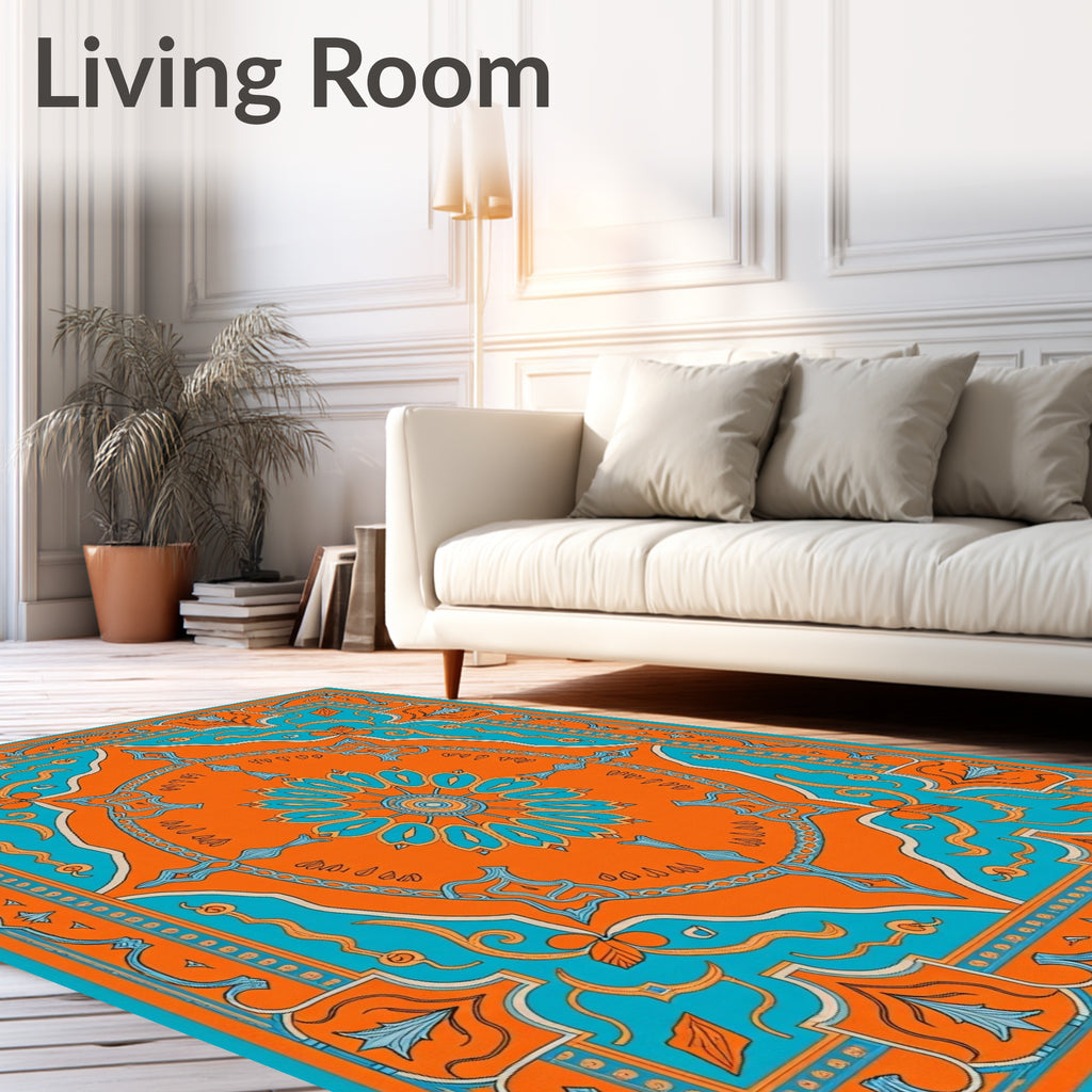 Symmetrical Orange and Teal Floral Medallion Rug