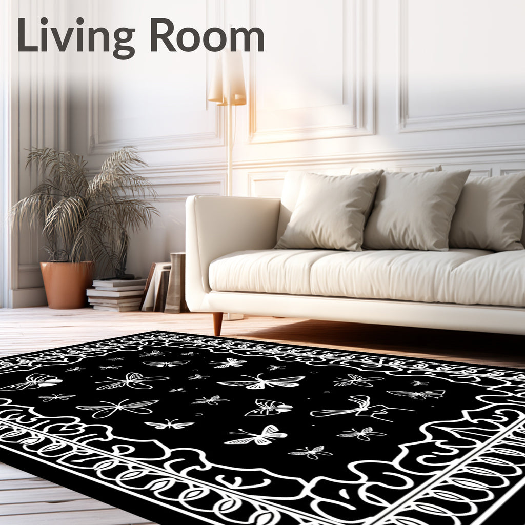 Bold Black White Butterfly Pattern Rug