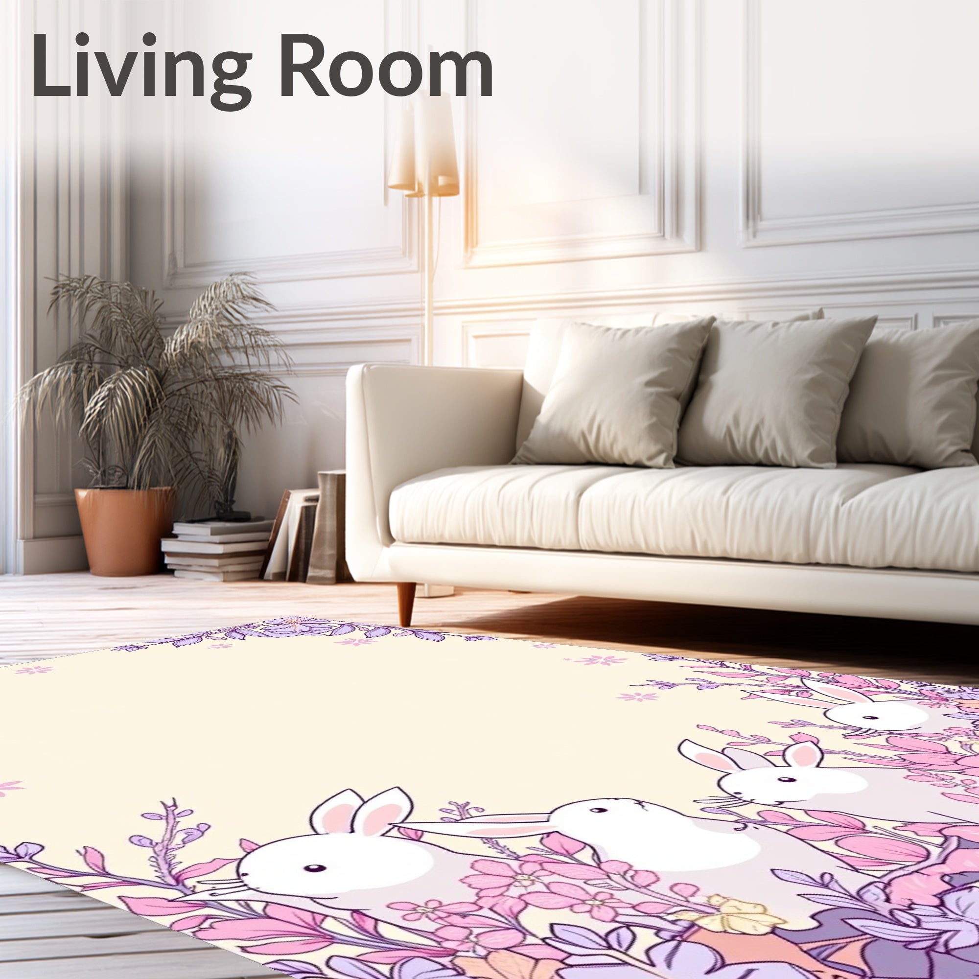 Whimsical Rabbit Floral Garden Design Rug