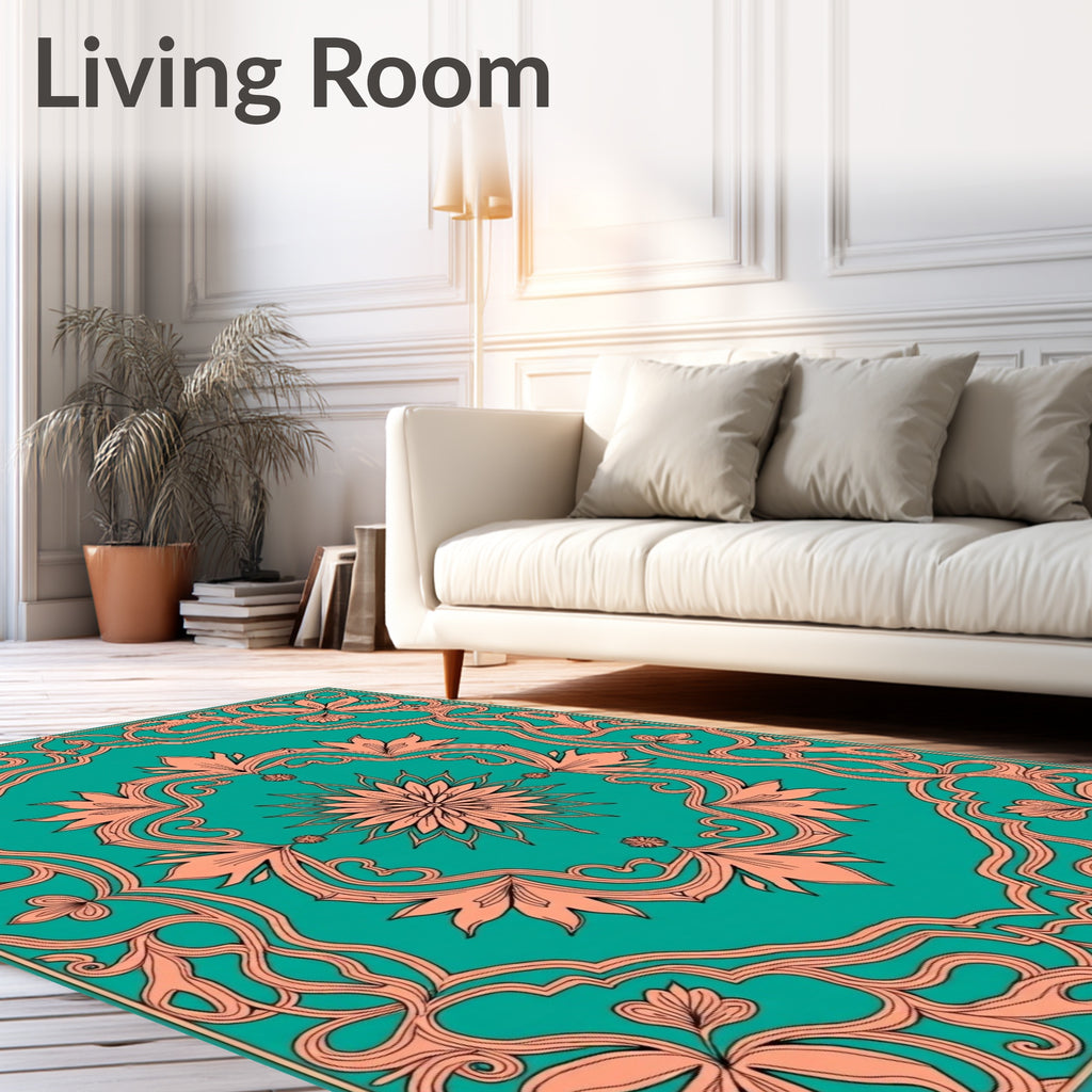 Ornate Teal Coral Floral Scroll Design Rug