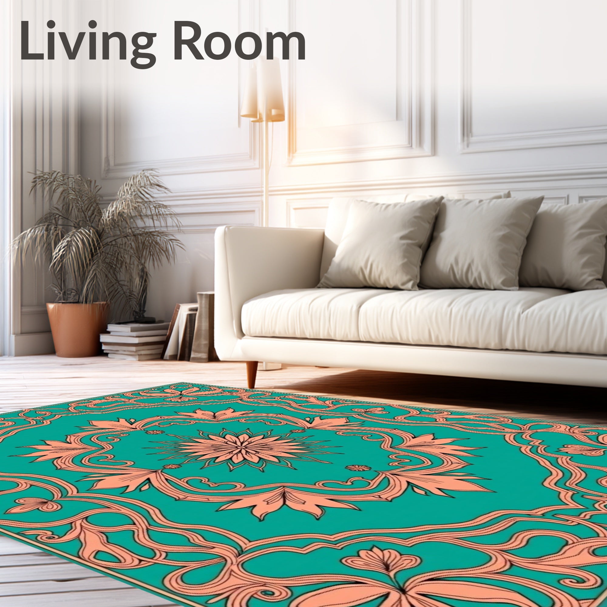 Ornate Teal Coral Floral Scroll Design Rug