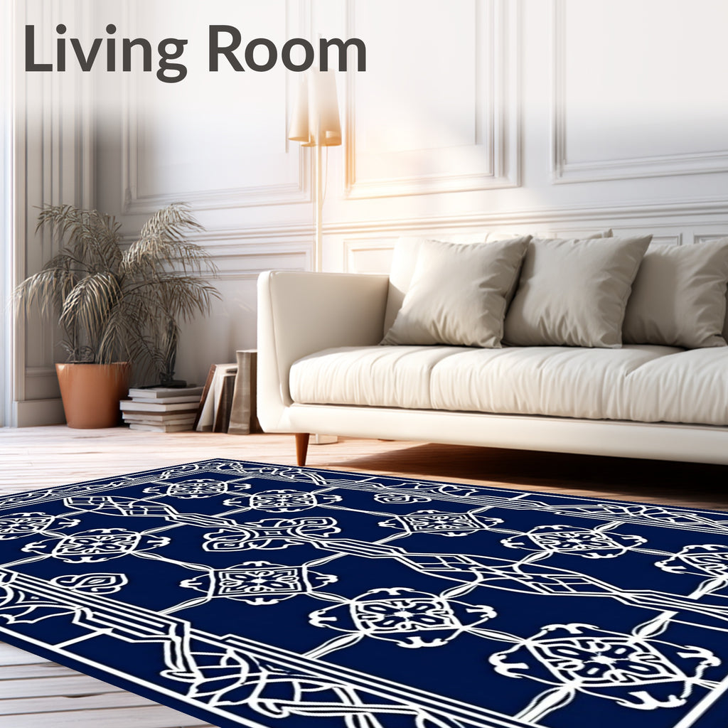 Intricate Lattice Patterned Navy Rug