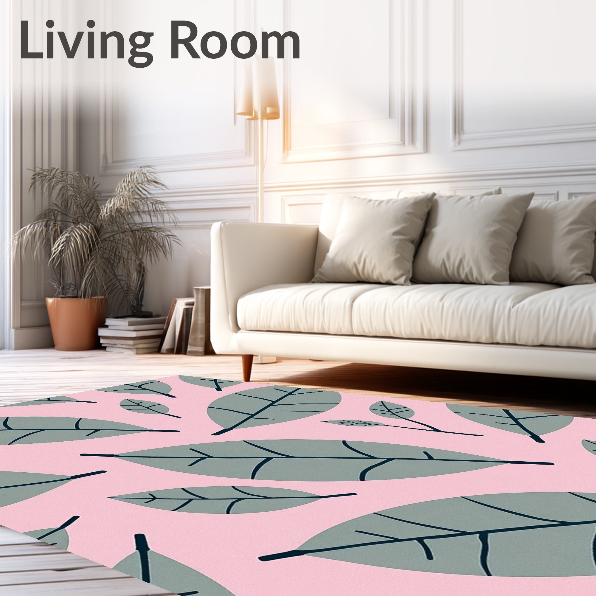 Gray Leaf Pattern on Pink Background Rug
