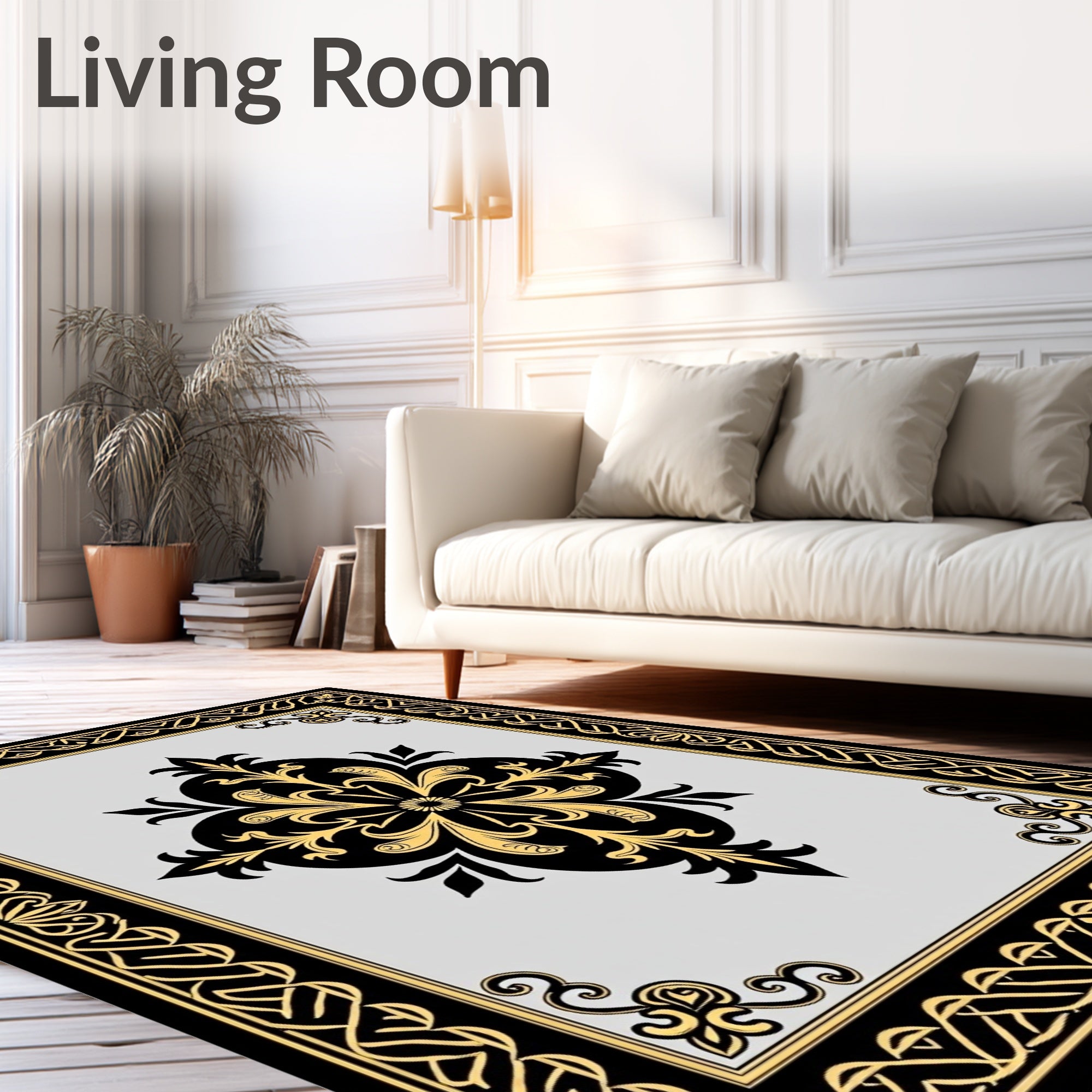 Ornate Black Gold Floral Medallion Rug