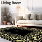Elaborate Floral Scrollwork Black Gold Rug