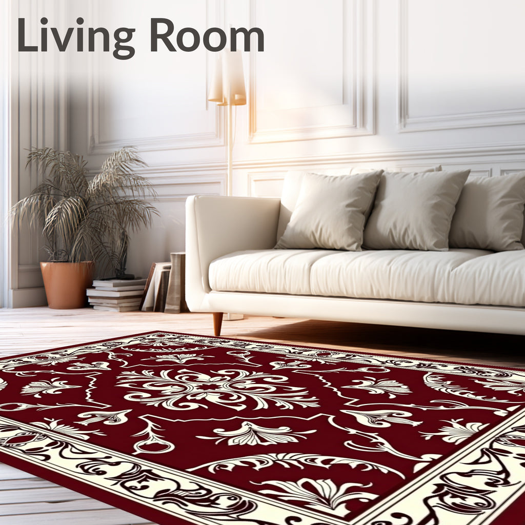 Rich Red Floral Scroll Pattern Rug