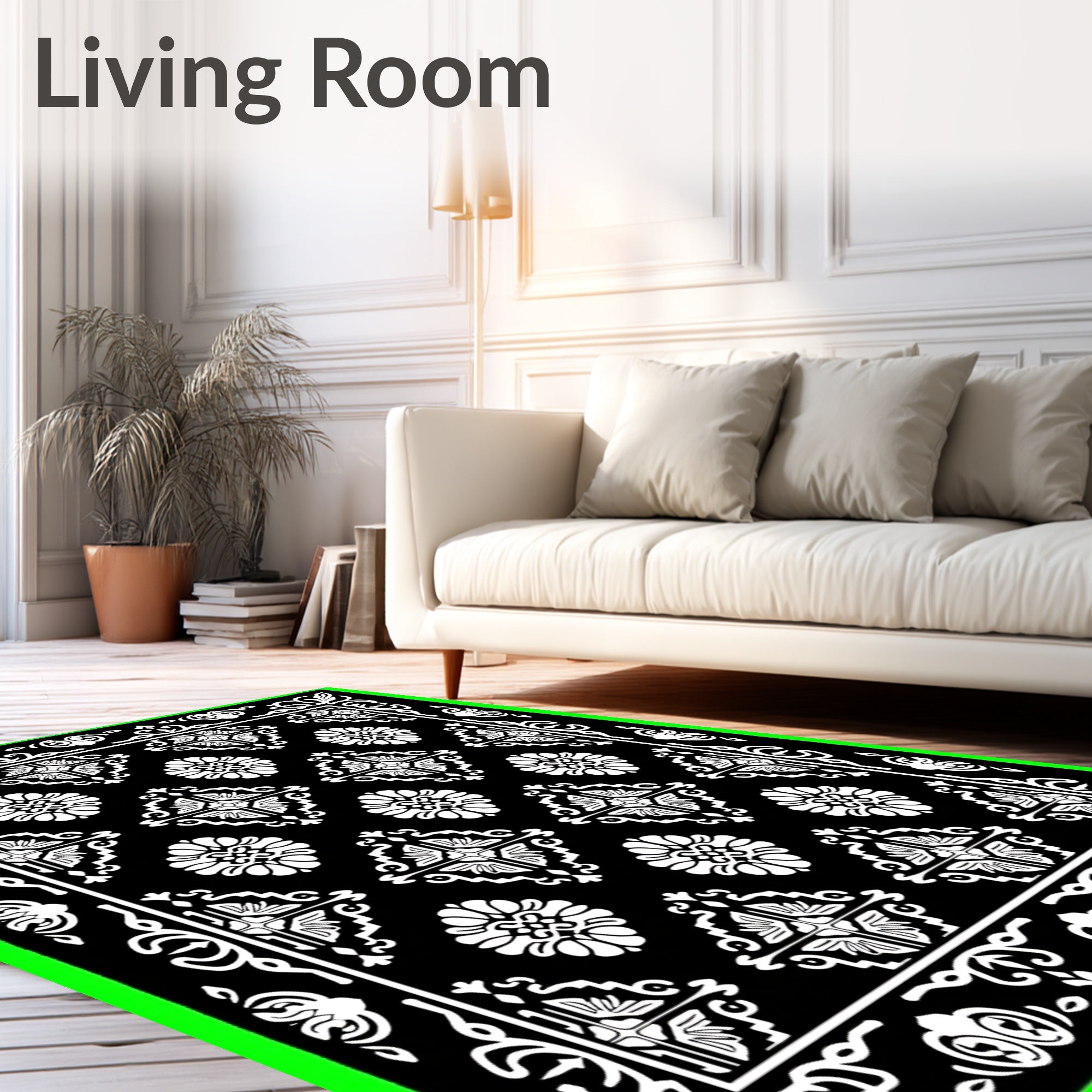 Black White Classical Floral Motif Rug